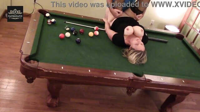 Mature woman with big breasts gets pounded on a pool table