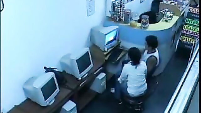 Brazilian amateur couple enjoys voyeurism in an internet cafe
